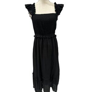 By The River Dress Black Ruffle Midi Dress With Square Neck & Smocked Bodice